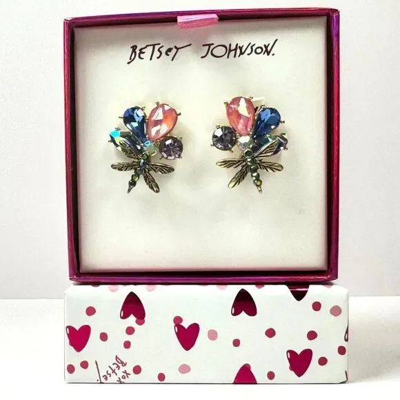 BETSEY JOHNSON Dragonfly Earrings "Buggin Out" Studs Rhinestones w/Gift Box NEW - Picture 6 of 6